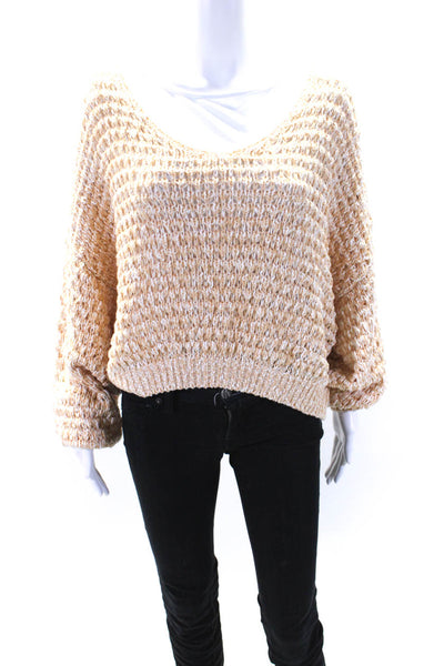 Free People Womens Scoop Neck Oversized Open Knit Sweater Beige White Size Small