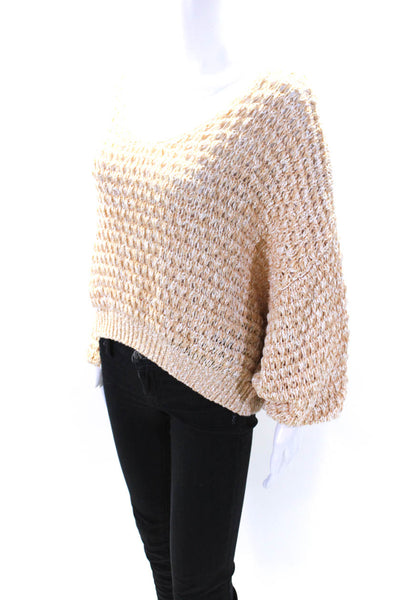 Free People Womens Scoop Neck Oversized Open Knit Sweater Beige White Size Small