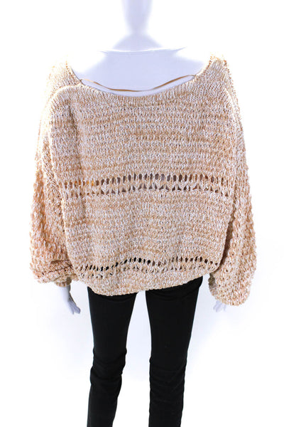 Free People Womens Scoop Neck Oversized Open Knit Sweater Beige White Size Small