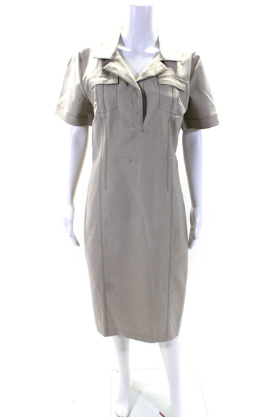 Elie Tahari Women's Collared Short Sleeves A-Line Midi Dress Beige Size 14