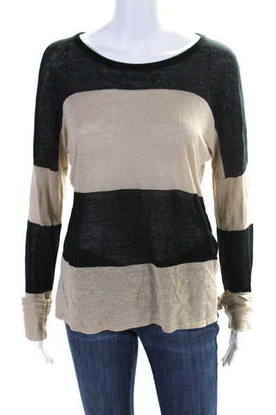 Line Womens Thin Knit Colorblock Print Long Sleeve Shirt Top Beige Black Size M