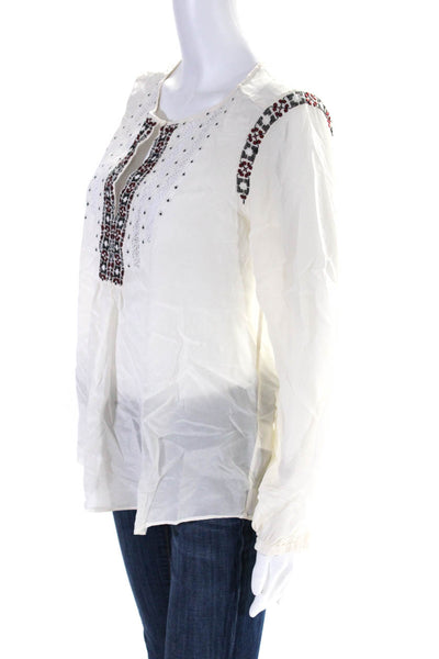 Joie Women's Round Neck Embroidered Long Sleeves Silk Blouse Beige Size S