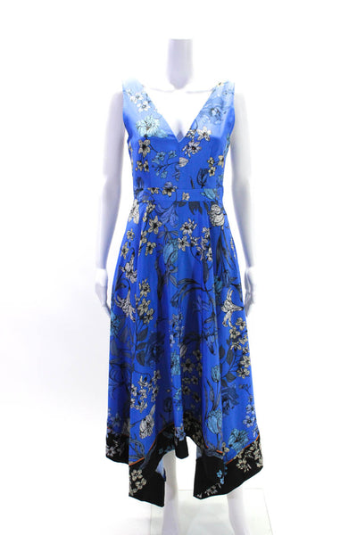 Vince Camuto Womens V Neck Sleeveless Midi A Line Floral Dress Blue Size 2