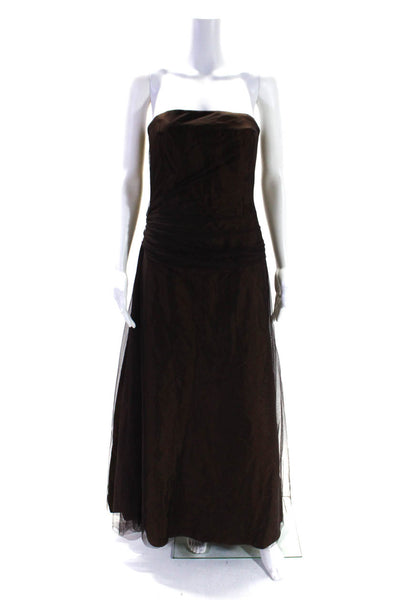 Vera Wang Maids Womens Strapless Tulle Midi Bridesmaid Gown Dress Brown Size 8