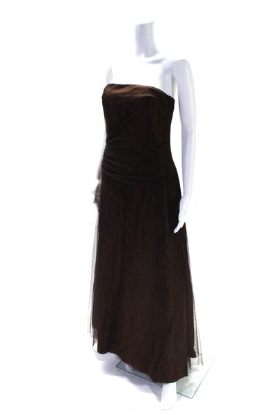 Vera Wang Maids Womens Strapless Tulle Midi Bridesmaid Gown Dress Brown Size 8