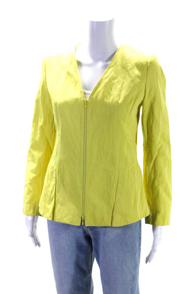 Lafayette 148 New York Womens Front Zip V Neck Light Jacket Yellow Size 4