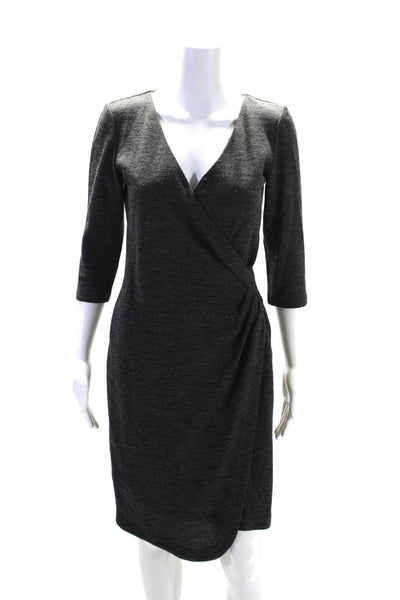 Brooks Brothers Womens Back Zip 3/4 Sleeve V Neck Faux Wrap Dress Gray Size 2