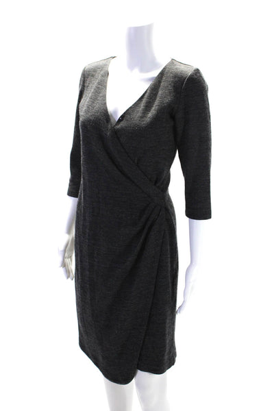 Brooks Brothers Womens Back Zip 3/4 Sleeve V Neck Faux Wrap Dress Gray Size 2