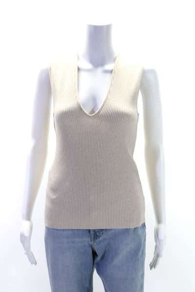 Vince Women's V-Neck Sleeveless Ribbed Sweater Tank Top Beige Size S