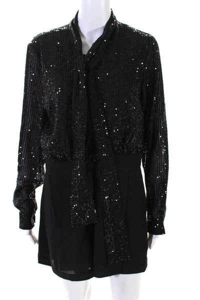 Michael Michael Kors Womens Long Sleeves Half Button Sequin Romper Black Size 10