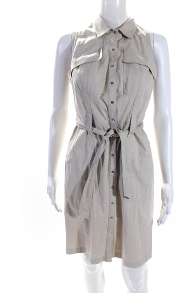 Elie Tahari Womens Cotton Collared Belted Sleeveless Button Up Dress Tan Size 4