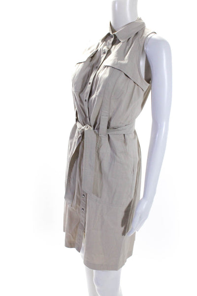 Elie Tahari Womens Cotton Collared Belted Sleeveless Button Up Dress Tan Size 4