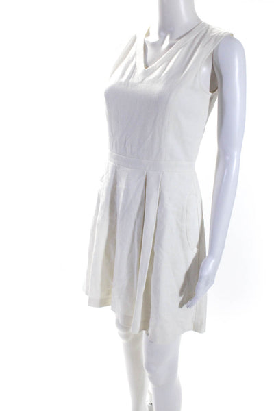 Theory Womens Pleated V-Neck Sleeveless Zip Up Fit + Flare Dress White Size 2