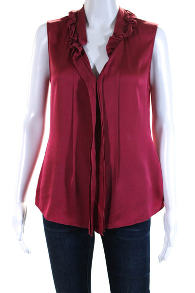 Elie Tahari Silk Charmeuse Ruffled V-Neck Sleeveless Blouse Fuschia Red Size M