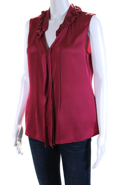 Elie Tahari Silk Charmeuse Ruffled V-Neck Sleeveless Blouse Fuschia Red Size M