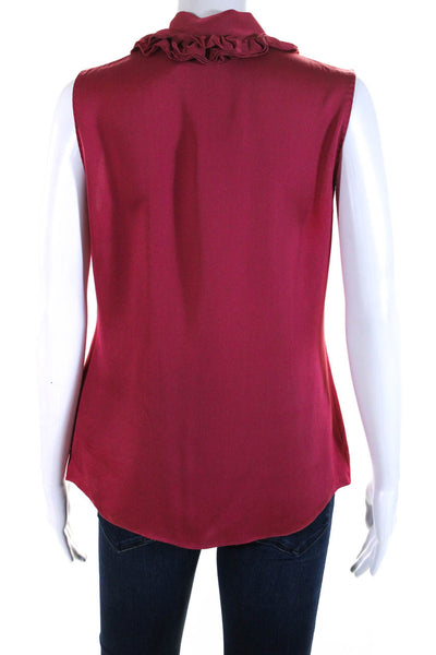 Elie Tahari Silk Charmeuse Ruffled V-Neck Sleeveless Blouse Fuschia Red Size M