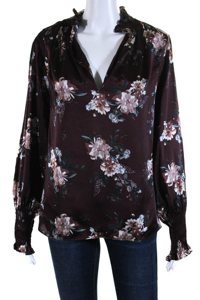 Intermix Womens Silk Charmeuse Floral Print Mock Neck Blouse Burgundy Size M