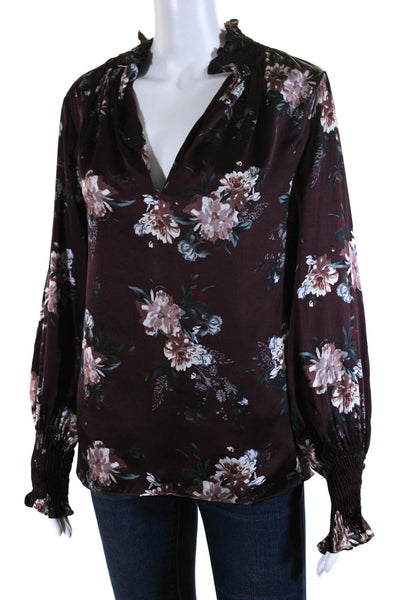 Intermix Womens Silk Charmeuse Floral Print Mock Neck Blouse Burgundy Size M