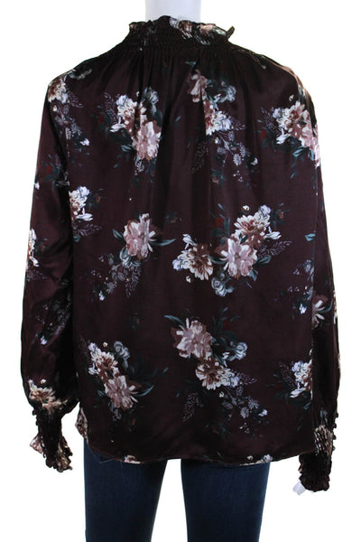 Intermix Womens Silk Charmeuse Floral Print Mock Neck Blouse Burgundy Size M