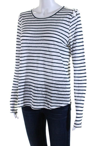 Generation Love Womens Linen Striped Round Neck Long Sleeve Top White Size M