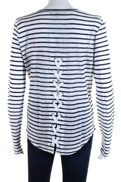 Generation Love Womens Linen Striped Round Neck Long Sleeve Top White Size M