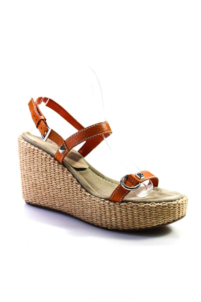 Prada Womens Leather Basket Weave Slingback Wedge Sandals Orange Size 38 8