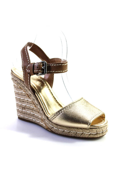 Prada Womens Metallic Leather Open Toe Espadrille Wedge Sandals Gold Size 38 8