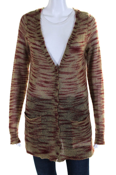 FP Beach Womens Striped V Neck Cardigan Sweater Brown Red Size Medium