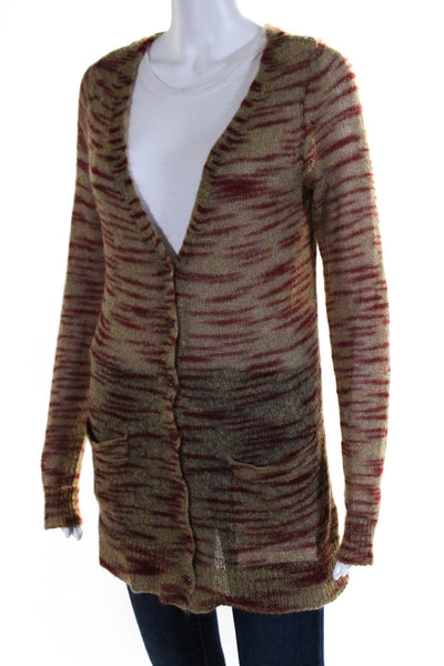 FP Beach Womens Striped V Neck Cardigan Sweater Brown Red Size Medium