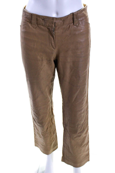 Theory Women's Hook Closure Flat Front Straight Leg Leather Pant Camel Size 8