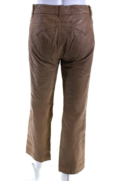 Theory Women's Hook Closure Flat Front Straight Leg Leather Pant Camel Size 8
