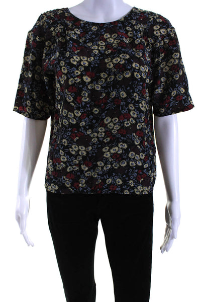 No. 6 Store Womens Silk Floral Print Short Sleeves Blouse Black Size 2