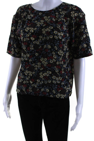 No. 6 Store Womens Silk Floral Print Short Sleeves Blouse Black Size 2