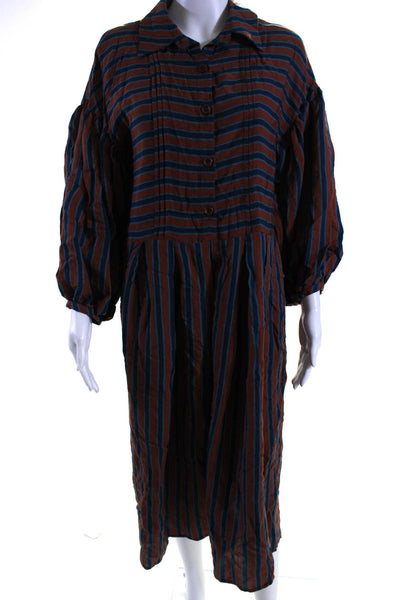 Bibliotheque Womens Striped Button Down A Line Dress Brown Blue Size EUR 38