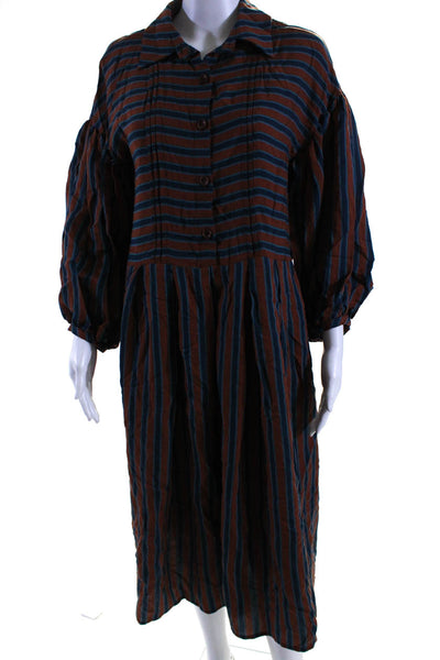 Bibliotheque Womens Striped Button Down A Line Dress Brown Blue Size EUR 38