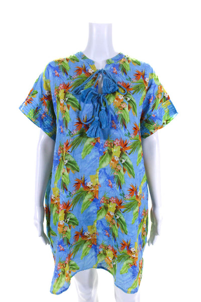 Roller Rabbit Womens Linen Floral Print Short Sleeves Dress Blue Size Medium