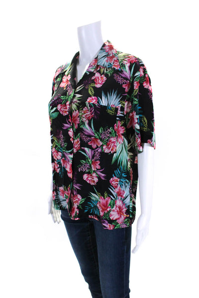 Les Reveries Womens Button Front Short Sleeve Floral Silk Shirt Black Multi XS