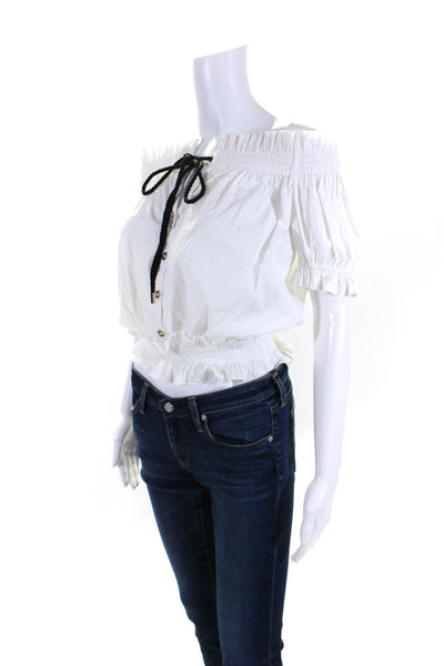 Caroline Constas Womens Button Front Short Sleeve Ruffle Top White Cotton Small