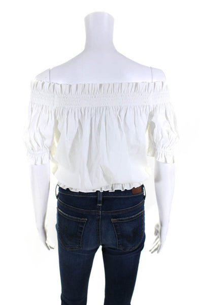 Caroline Constas Womens Button Front Short Sleeve Ruffle Top White Cotton Small