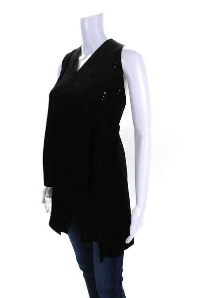 Foundrae Womens Sleeveless V Neck Layered Perforated Suede Top Black Size 0