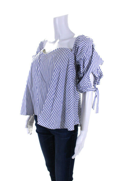 Caroline Constas Womens 3/4 Sleeve Sweetheart Striped Top White Blue Size Small