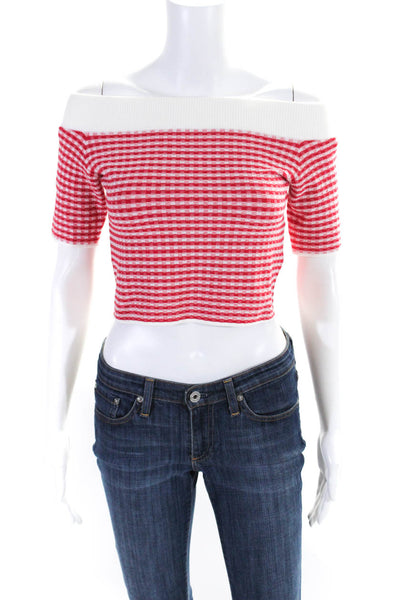 Jonathan Simkhai Womens Short Sleeve Boat Neck Knit Crop Top Red White Small