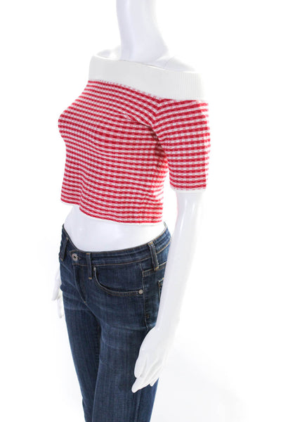 Jonathan Simkhai Womens Short Sleeve Boat Neck Knit Crop Top Red White Small