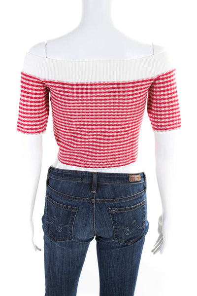 Jonathan Simkhai Womens Short Sleeve Boat Neck Knit Crop Top Red White Small