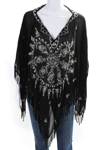 Adrienne Landau Womens Embroidered Fringe Silk Sheer Poncho Black White One Size