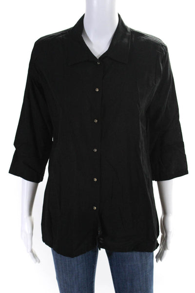 Diza Gabo Womens Button Front 3/4 Sleeve Collared Shirt Black Cotton Size M/L