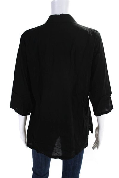 Diza Gabo Womens Button Front 3/4 Sleeve Collared Shirt Black Cotton Size M/L