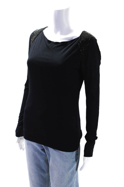 Rene Lezard Womens Jersey Knit Beaded Scoop Neck Blouse Top Navy Blue Size S