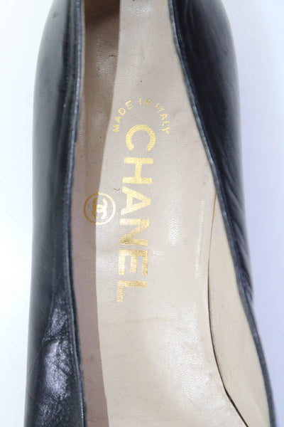 Chanel Womens Leather Cap Toe Slip On Low Heel Loafers Navy Blue Size 37 7