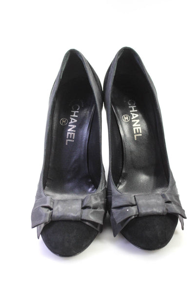 Chanel Womens Gray Black Suede Bow Front Heels Pumps Shoes Size 9